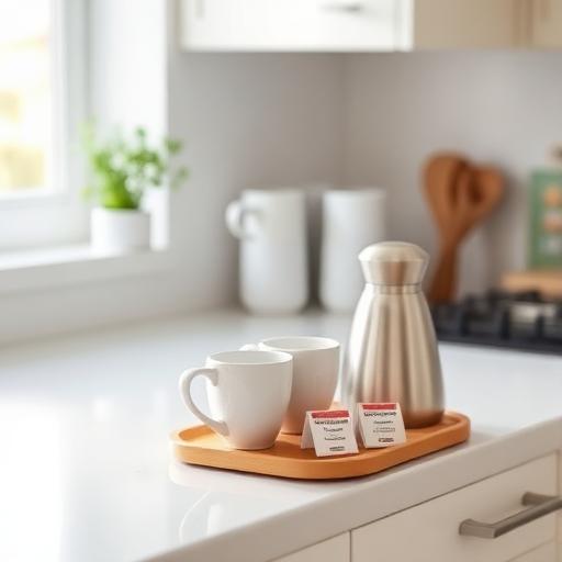 Restocked coffee bar on a clean kitchen counter